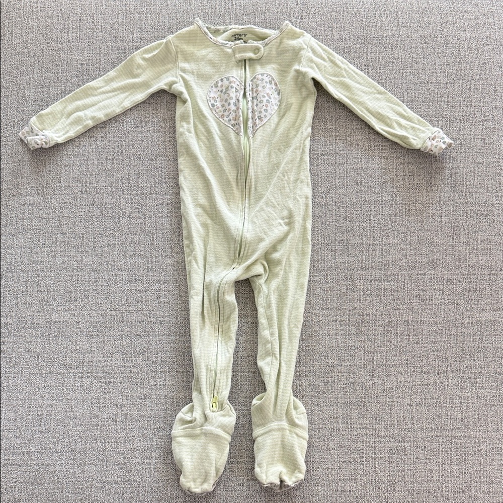 Carter's Cream and Lime Green Heart Footie One Piece